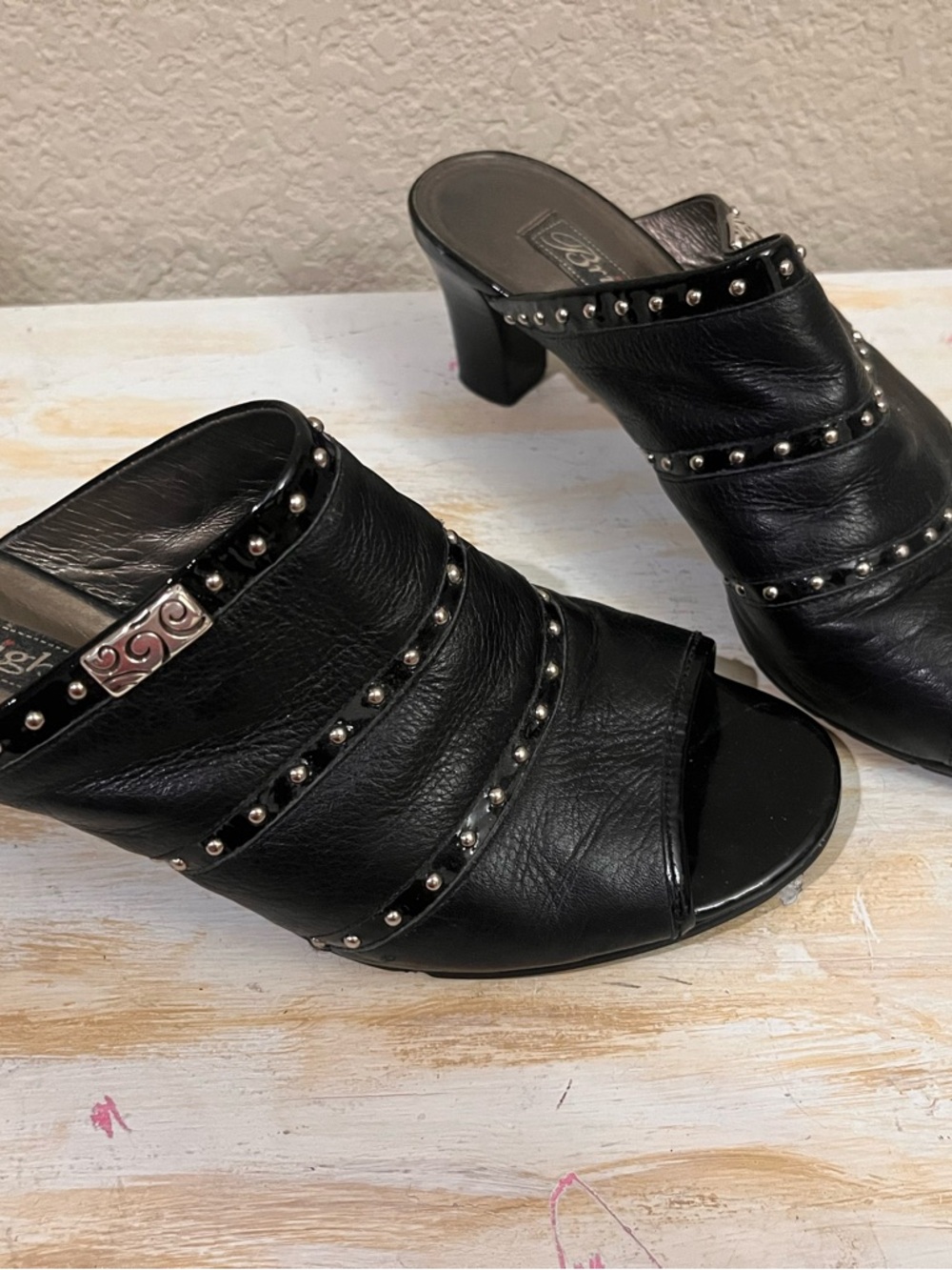 Brighton Black Studded Leather Mule Heels